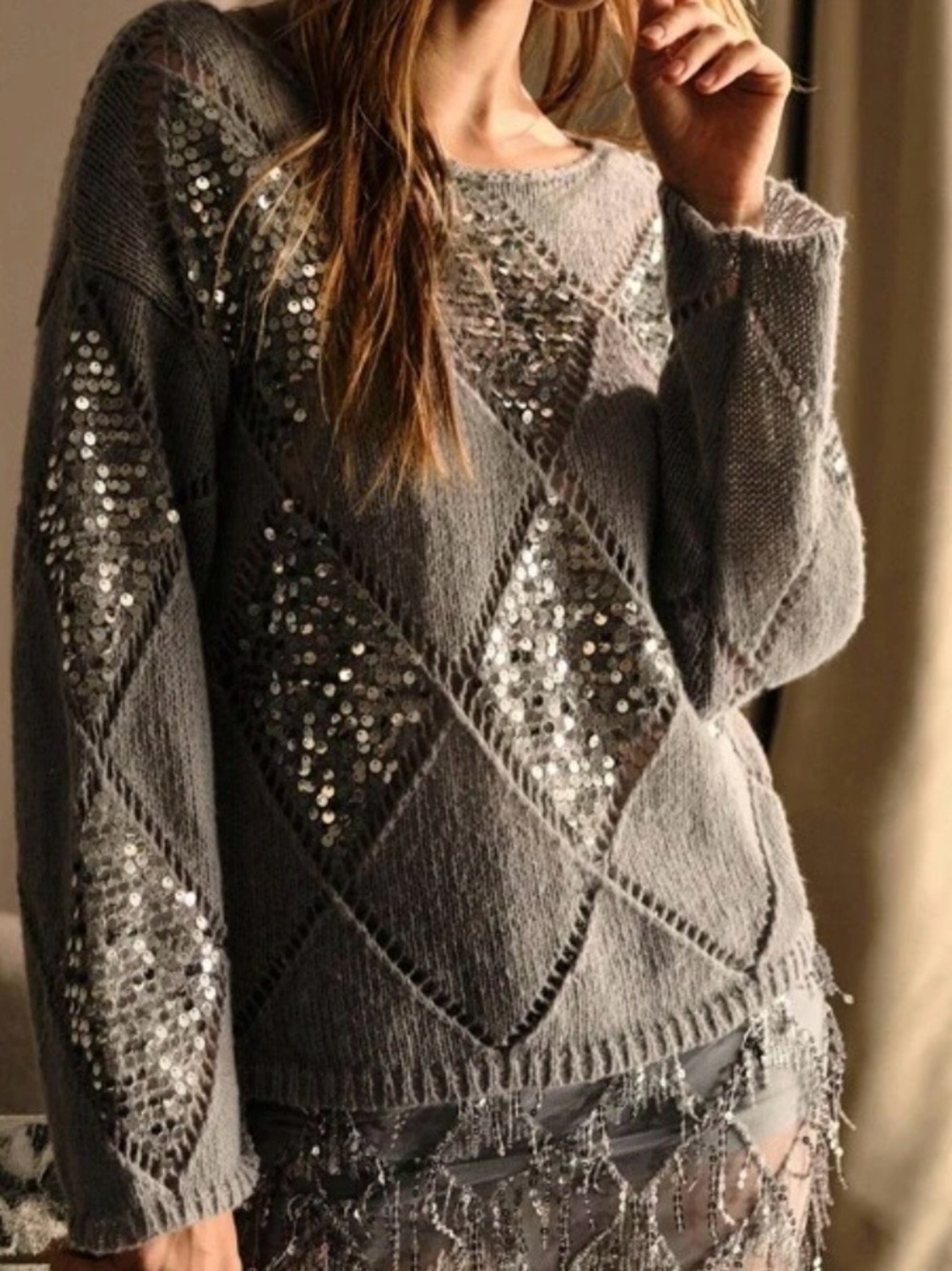 SHEIN Gray Diamond Knit Sweater with Sequins
